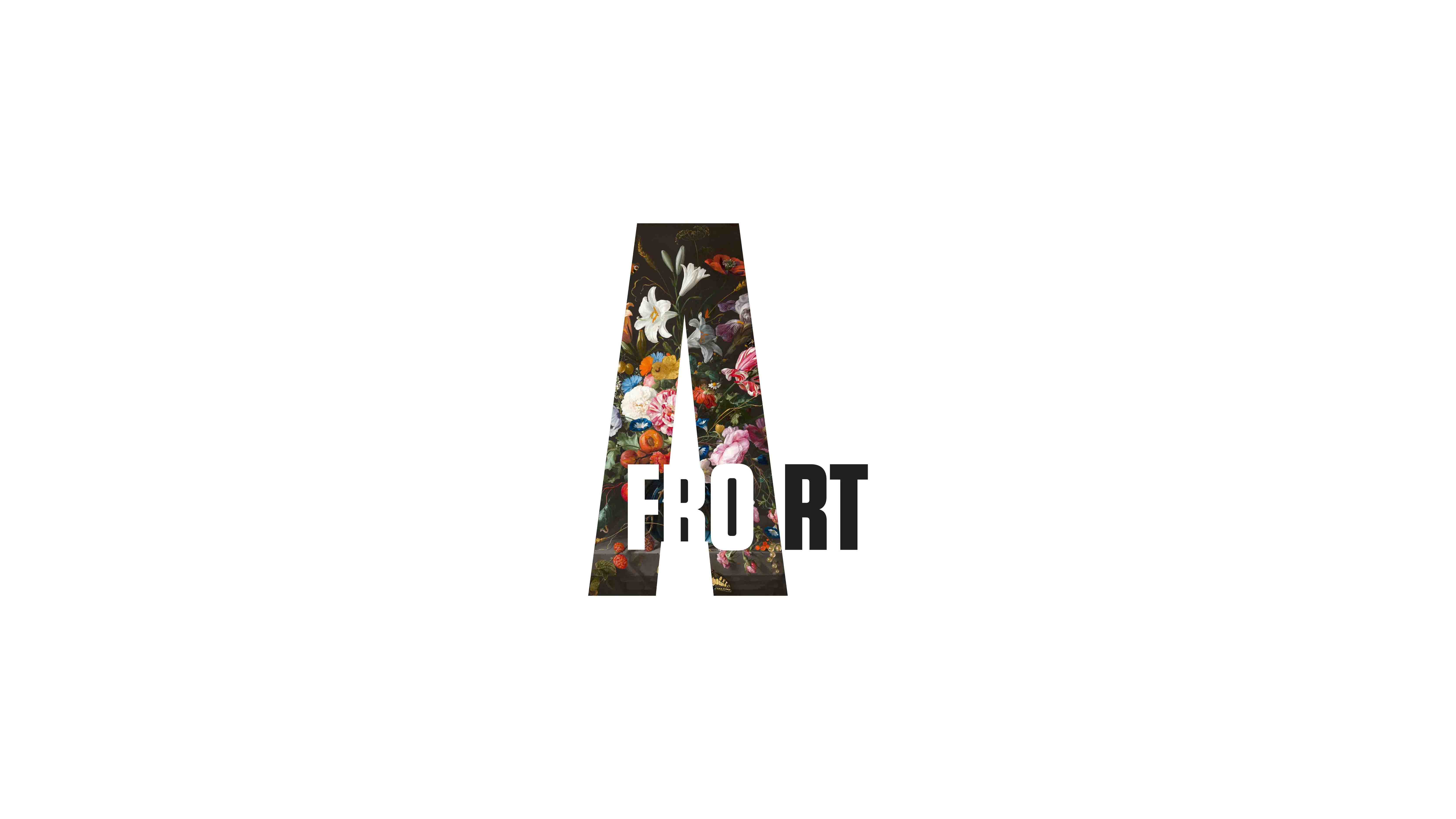 Image with white background and large Logo for AfroArt. The logo has an image imbeded inside of a Large letter A. The image is of Flowers with high contrast