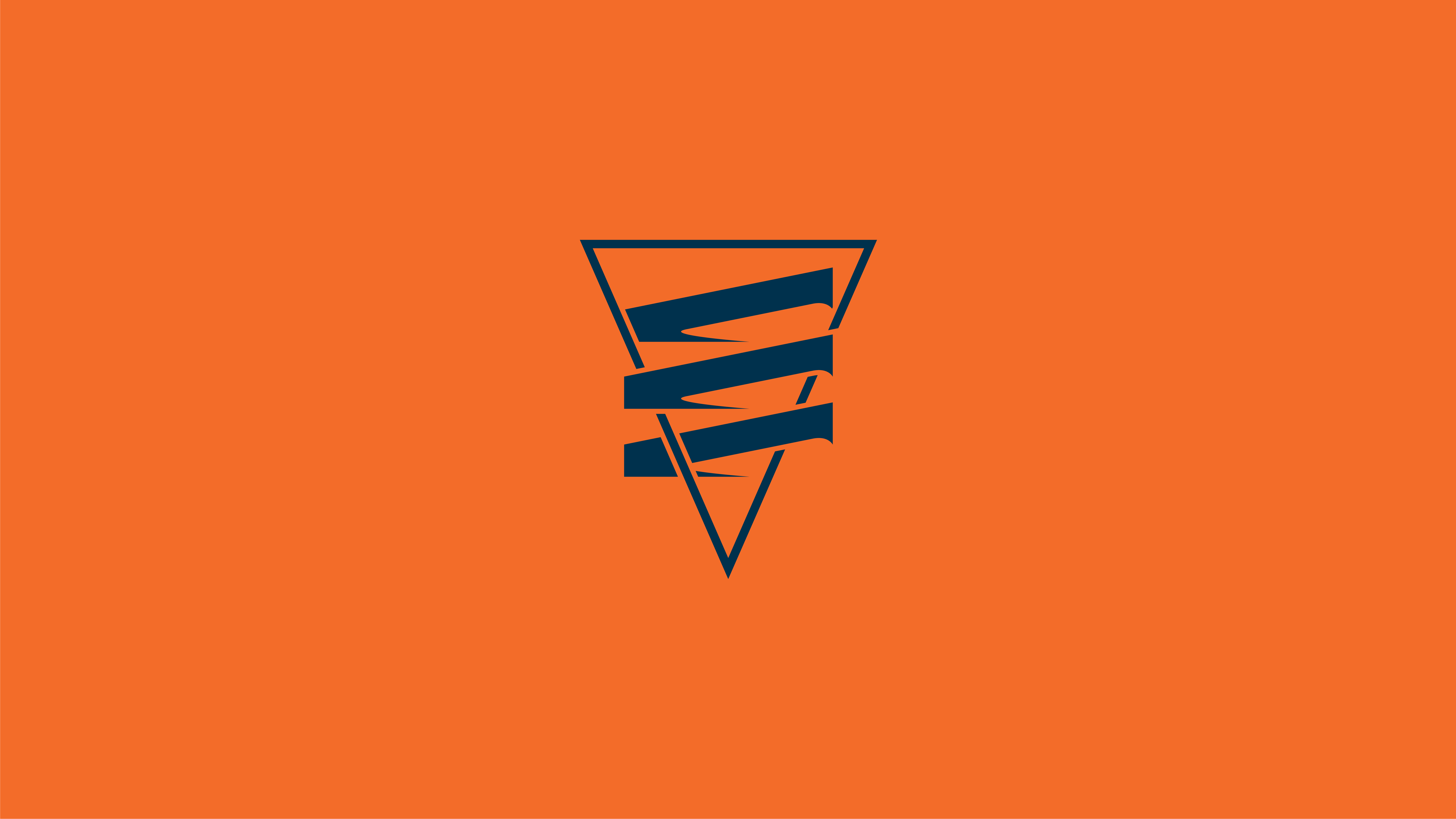 Orange image with dark blue logo in center. Logo has a triangle with three shapes repeated. made in Adobe illustrator