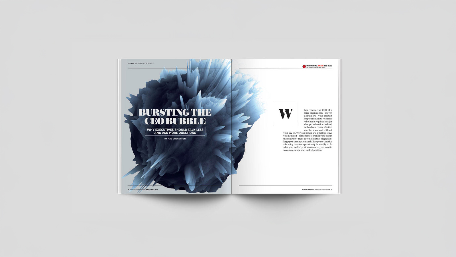 An image of a magazine opened to a spread. The left hand page has a large exploding ball with typography on top. right hand side has typography on white background. Made in Adobe Indesign