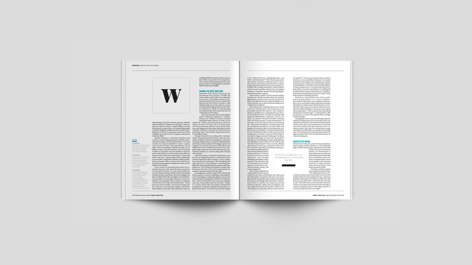 An image of a magazine opened to a spread. The left hand page has typograhpy with large initial cap W. right hand page has typography with pull quote. Made in Adobe Indesign