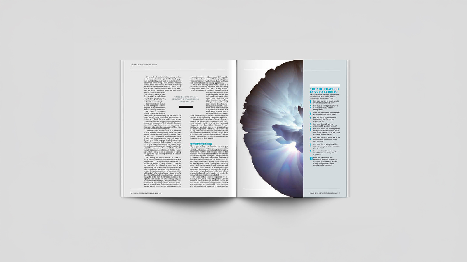 An image of a magazine opened to a spread. The left hand page has typography with a pull quote. Right hand page has a large exploding bubble with a sidebar list layred on top. Made in Adobe Indesign