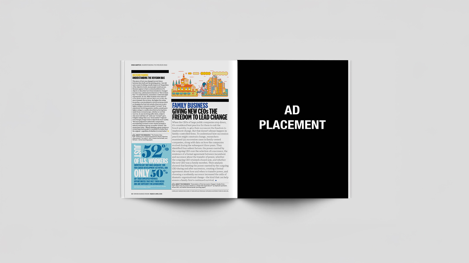 An image of a magazine opeend to a spread. The left page has typography and a data visualization. the right side has an add placement black rectangle. Made in Adobe Indesign