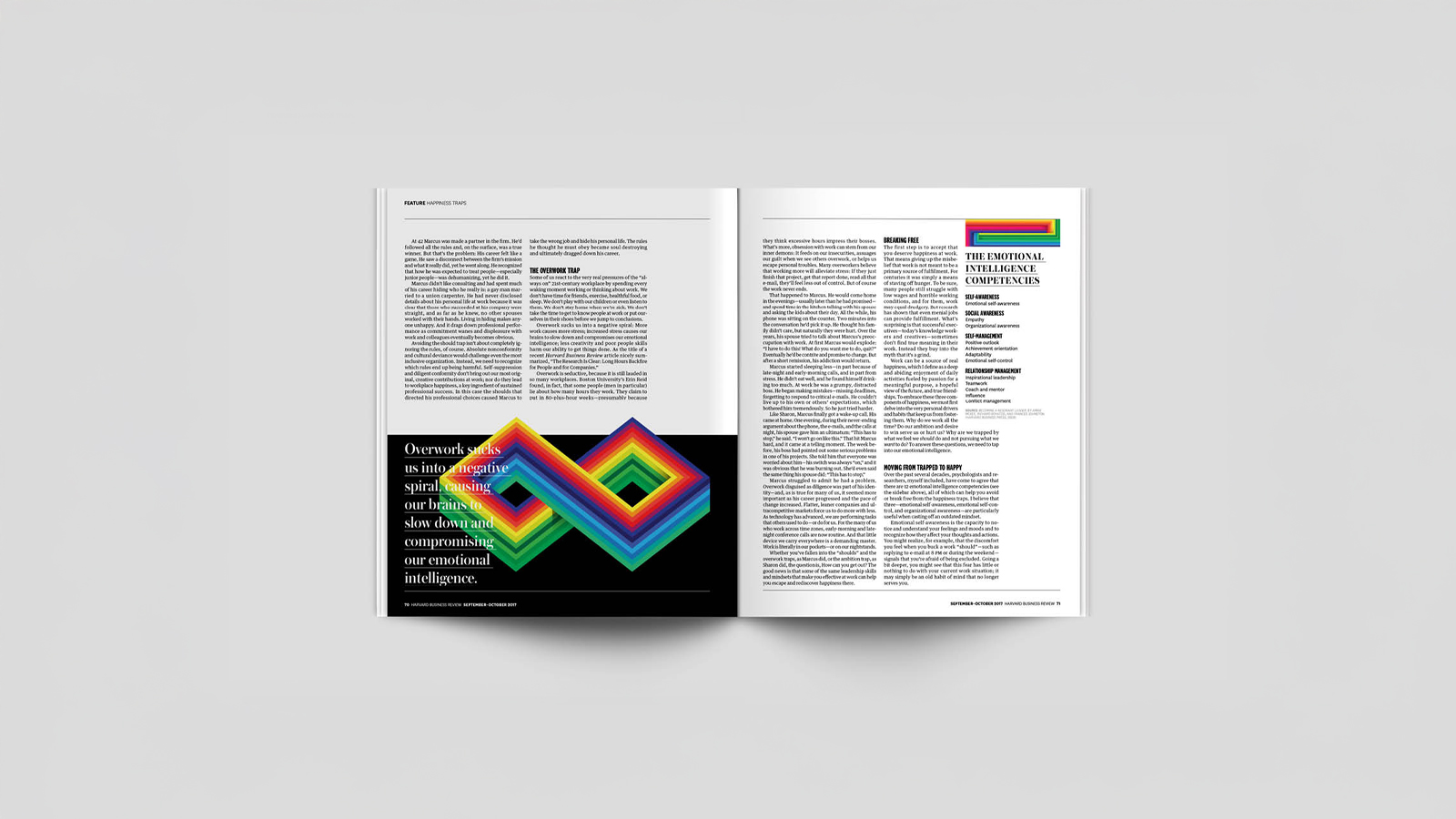 An image of a magazine opened to a spread with a large black square. On the black square is an imposible shape with a of rainbow colors. The design was made in Adobe Illustrator and Indesign.