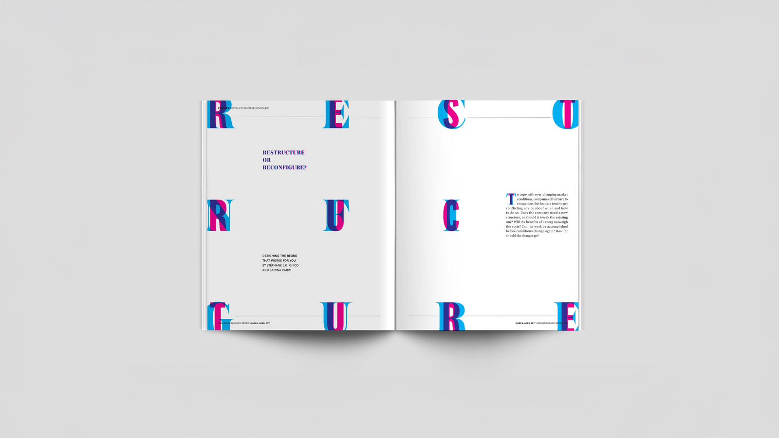 An image of a magazine opened to a spread. Spread has magenta and Cyan typogarphy across both pages. Made in Adobe Indesign