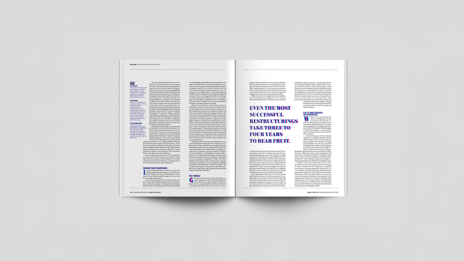 An image of a magazine opened to a spread. Spread has typogarphy with pull quote on right hand side. Made in Adobe Indesign