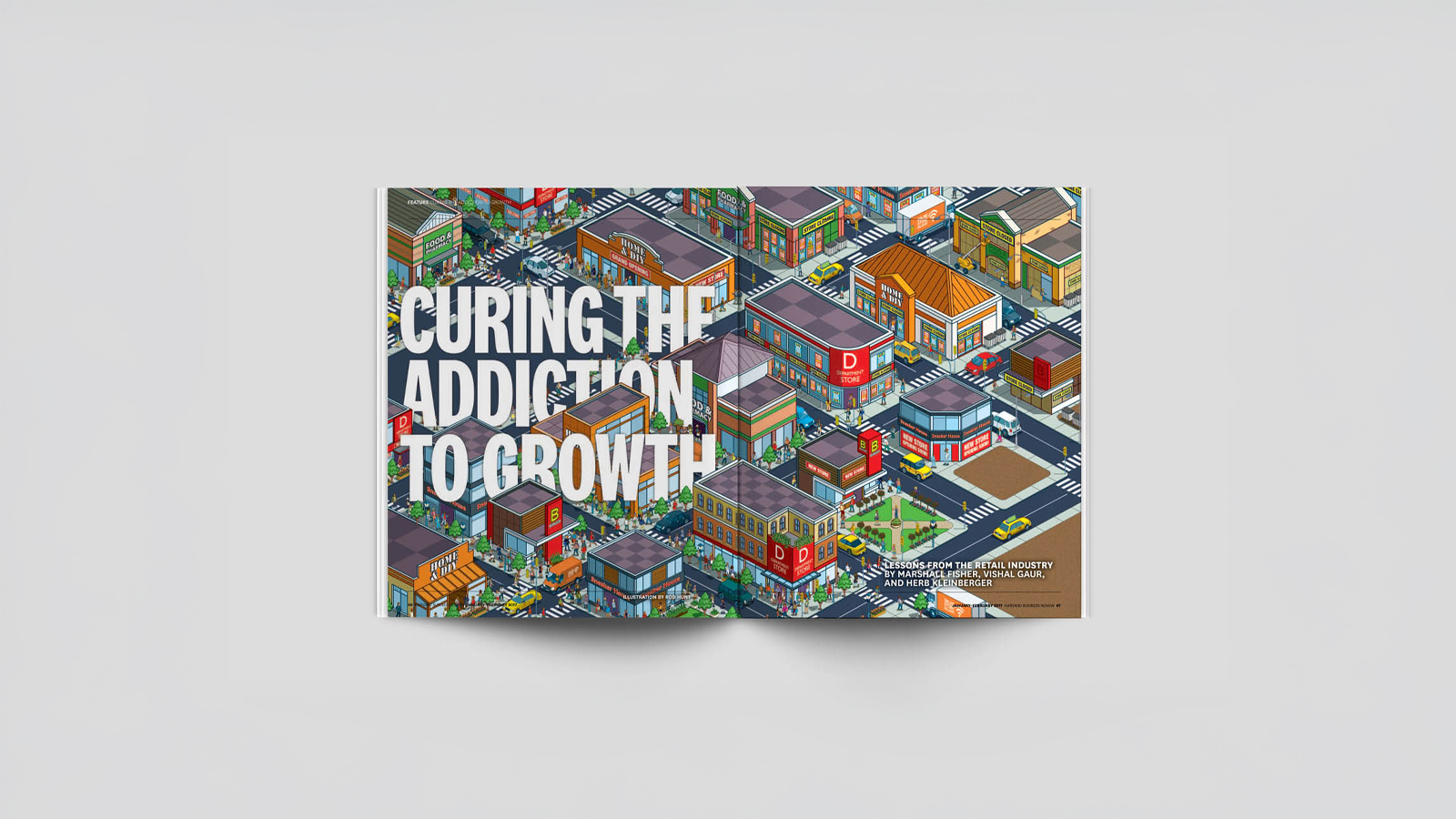 An image of a magazine opened to a spread. The spread has an illustration of a city that goes across both pages. There is typographhy woven between the buildings. Made in Adobe Indesign.