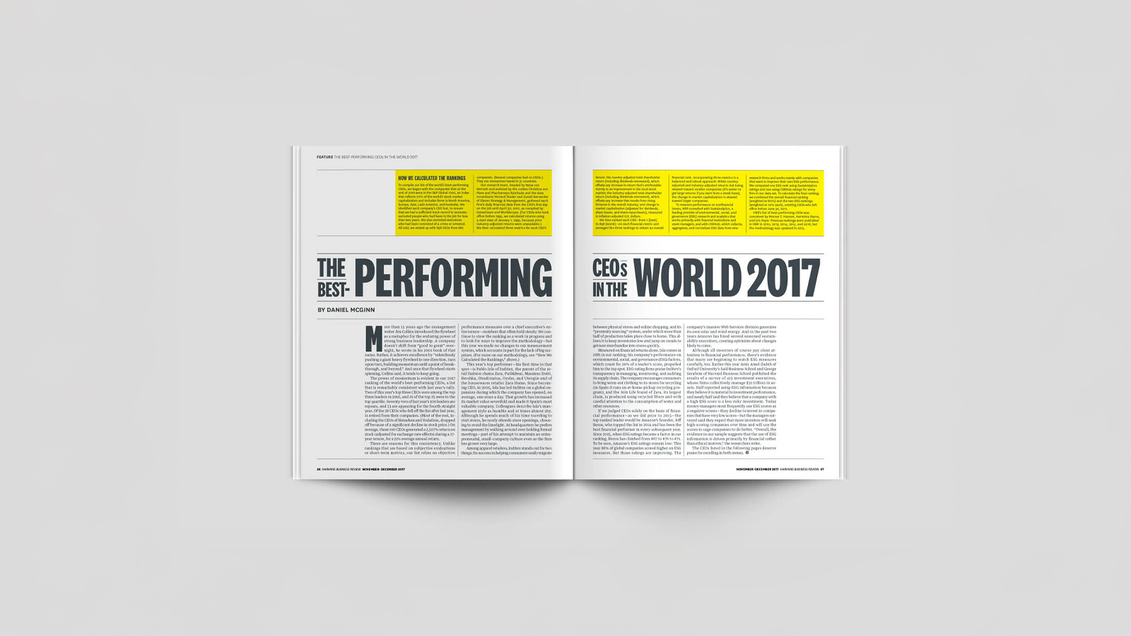 An image of a magazine opened to a spread. The spread is mostly white with a yellow bar in the top third of both pages. There is large typography in the center of the page.