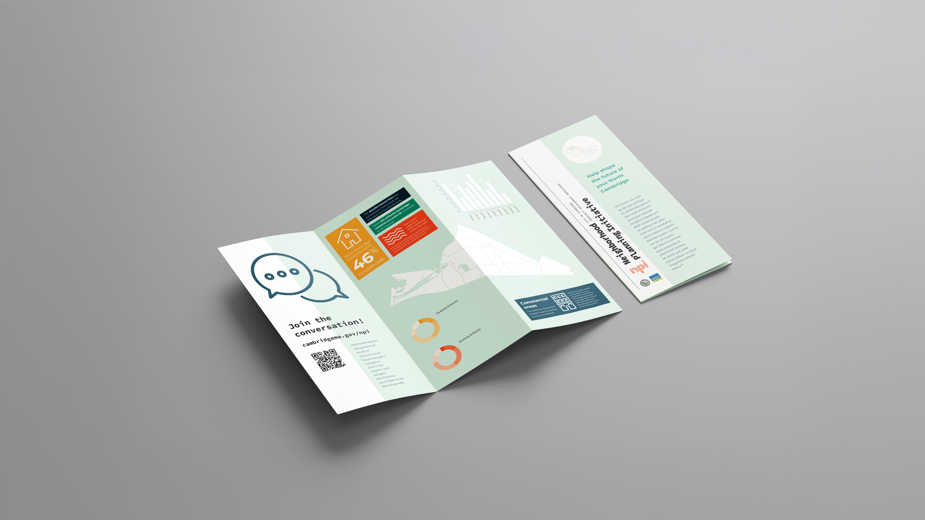 An image of a to brochures next to one an other. The brochure on the left is folded open and is light green with color rectangles and a map. The brochure on the right is folded closed an had typography on it. design made in Adobe Indesign