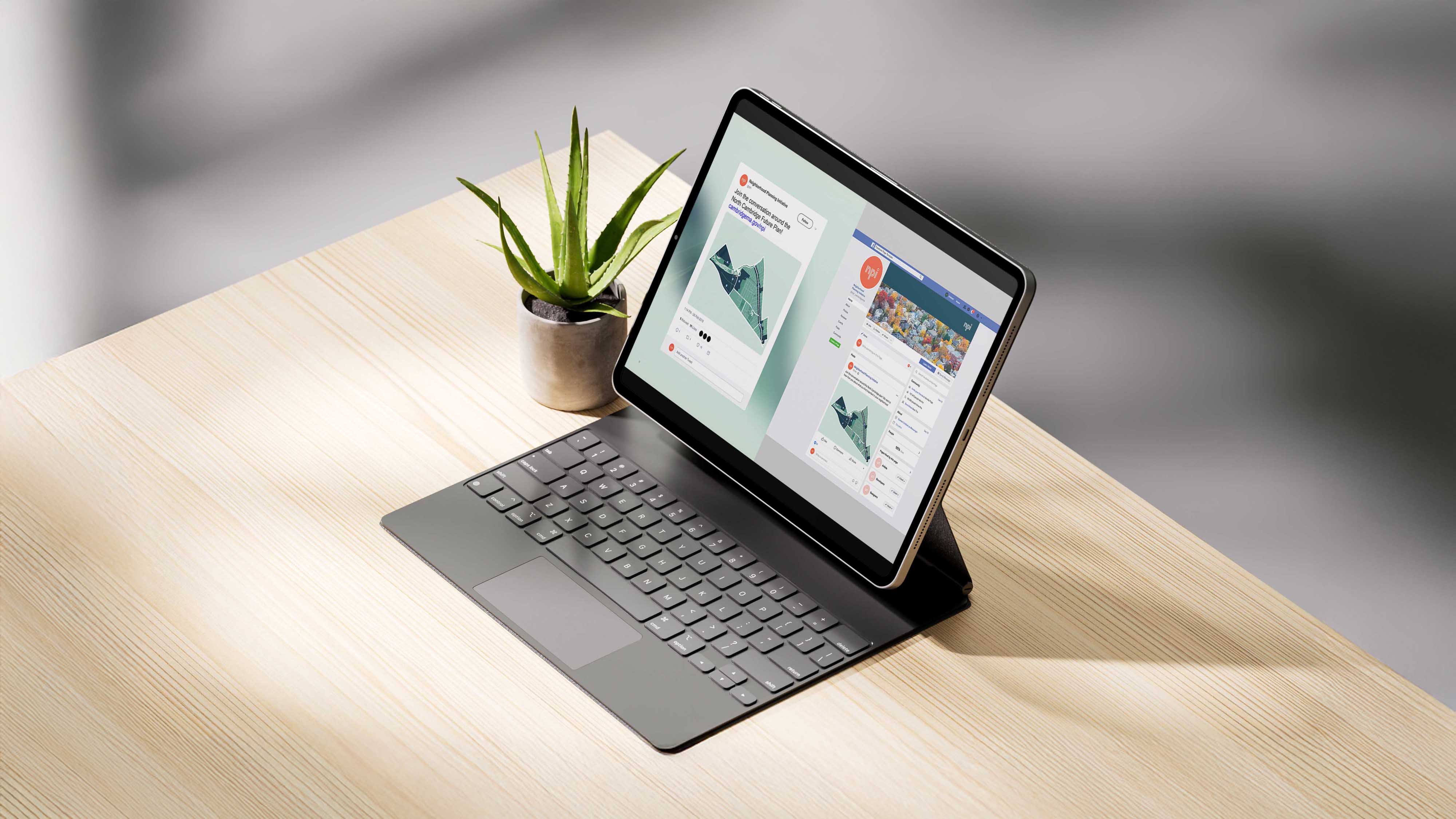 An image of an ipad on a wooden table. on the screen of the ipad has social media designs with maps for facebook and X. design made in Adobe Indesign and Illustrator.