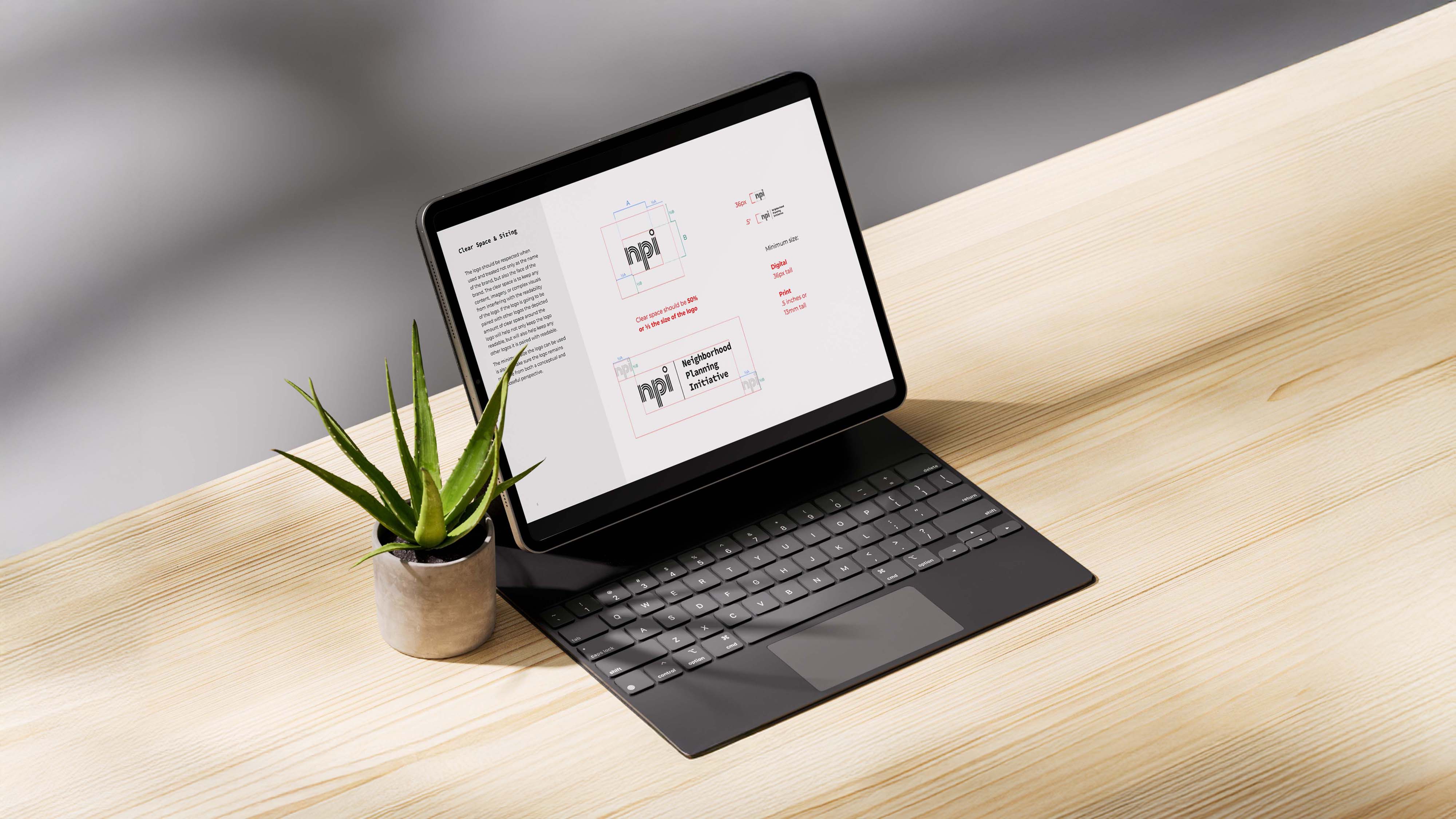 An image of an ipad on a wooden table. on the screen of the ipad has a white background with proportions and measurements for the NPI logo. design made in Adobe Indesign and Illustrator.