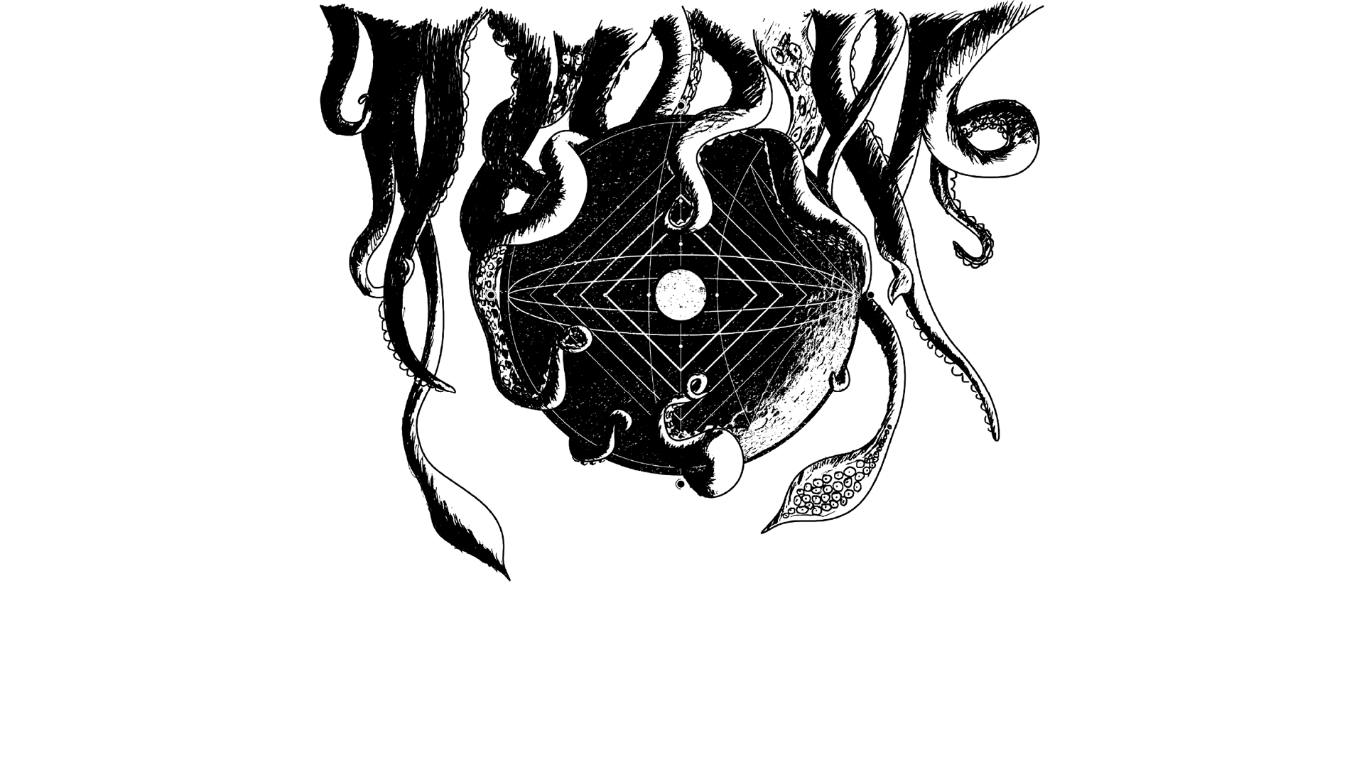 An image of a drawing made with pen and paper of squid tenticals wrapping around a sphere of a starmap. Black and white.