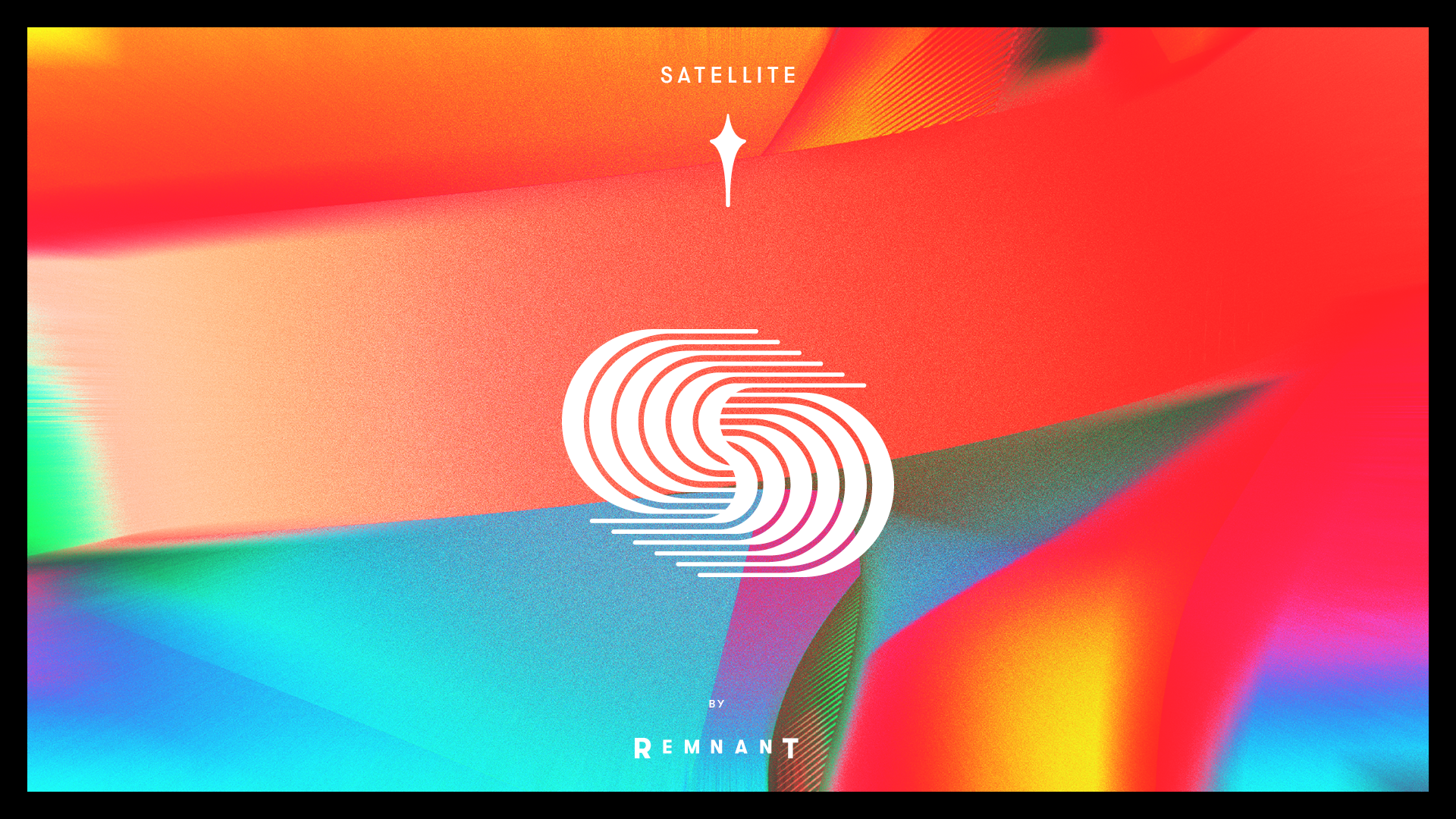 An image of a colorful abstraction with the Satellite logo in the center. The logo is a spiral of lines that form the ltter S