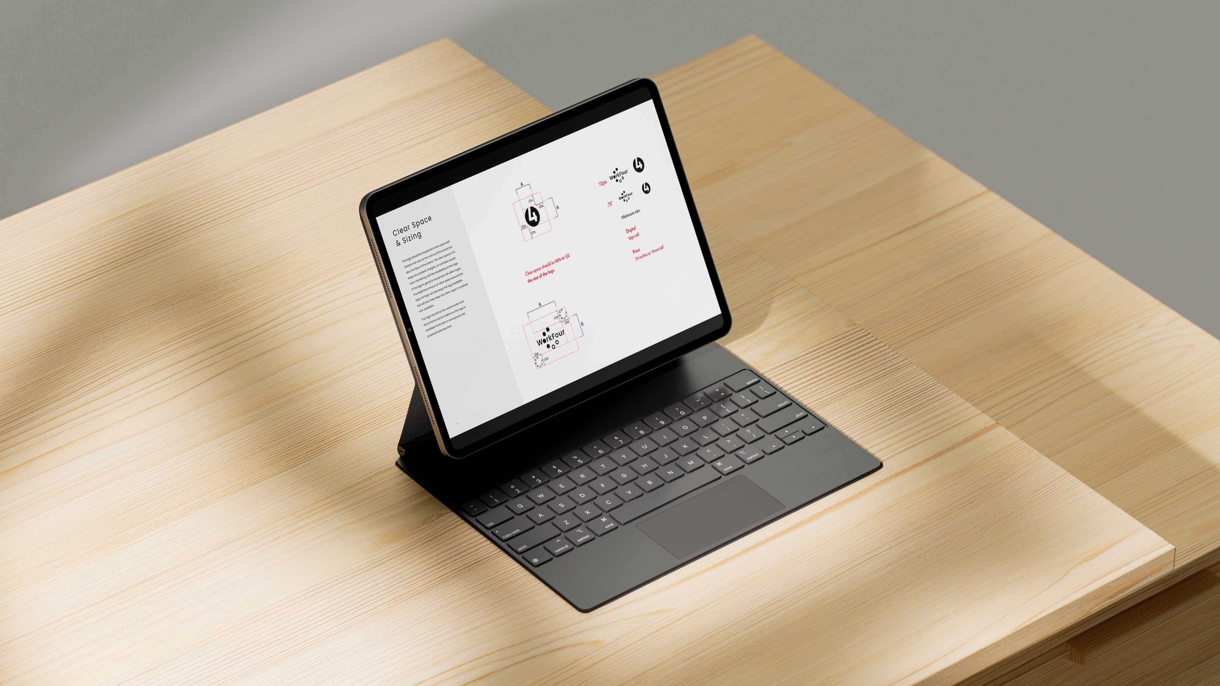 An image of an ipad on a wooden table. The screen of the ipad has a white background with logos and proportions. Made in Adobe Illustrator and Adobe Indesign.