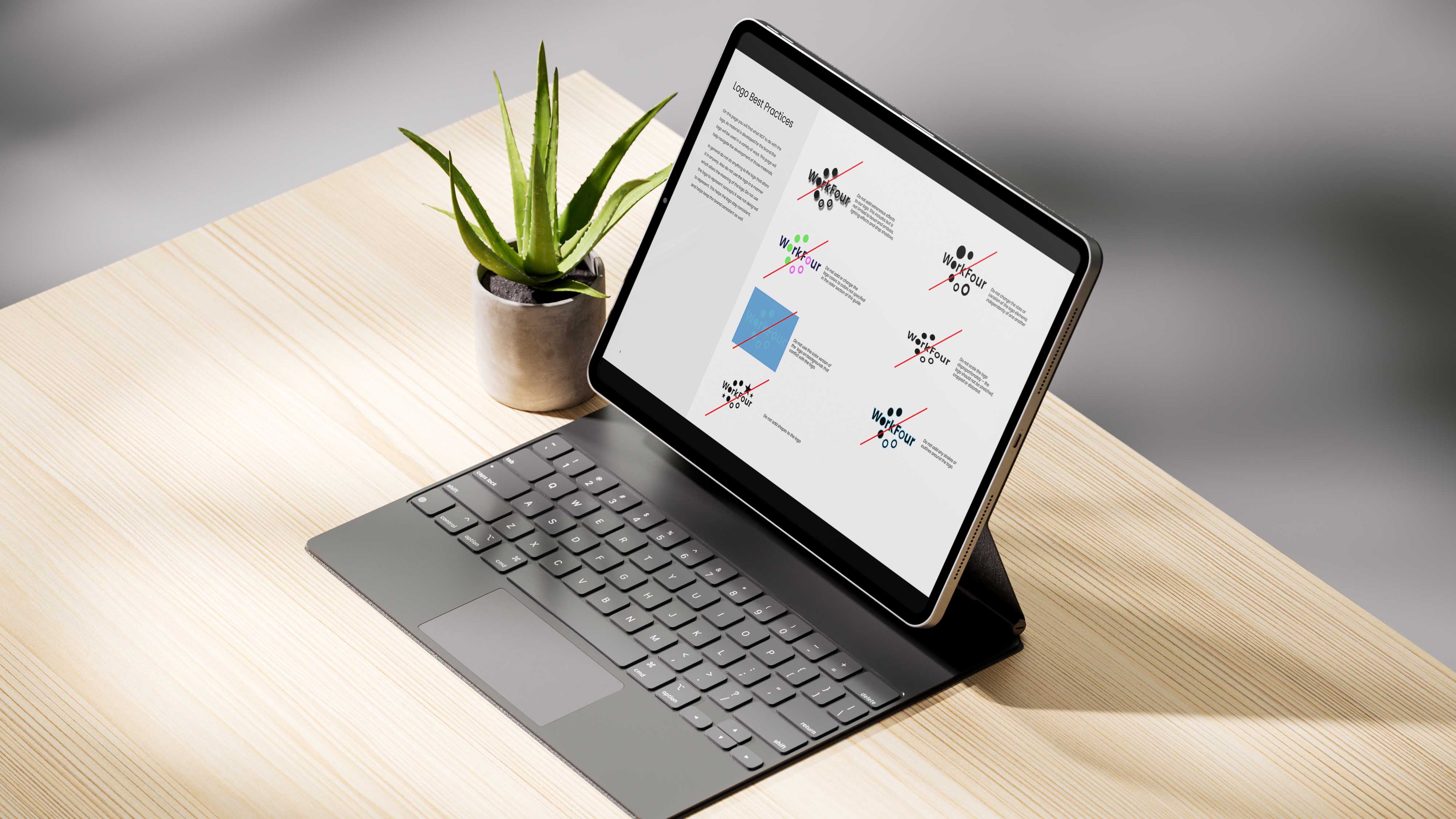 An image of an ipad on a wooden table. The screen of the ipad has a white background with logos and directions of what not to do to the logo. Made in Adobe Illustrator and Adobe Indesign.